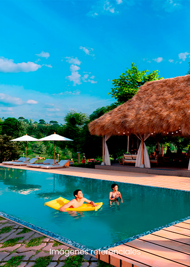 Piscina infinita: Vista despejada hacia colinas y ambiente relajante tropical ideal.