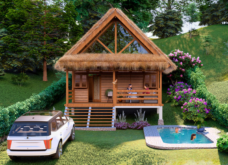 Modelo Altamira: Casa elevada con diseño rústico y acogedor, terraza frontal, vista natural y piscina para relajarse.