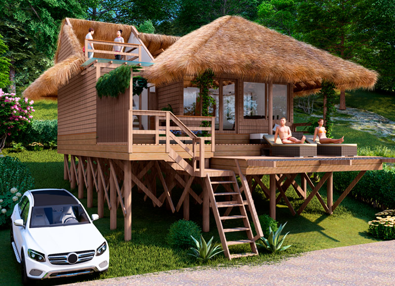 Modelo Amazona: Casa elevada con amplia terraza y grandes ventanales, integrada a la naturaleza para disfrutar calma.