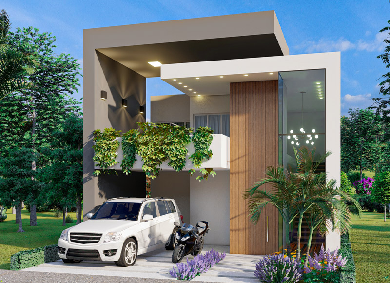 Casa contemporánea de techos altos, balcón, ventanales amplios y cochera con espacio para moto o bicicleta.