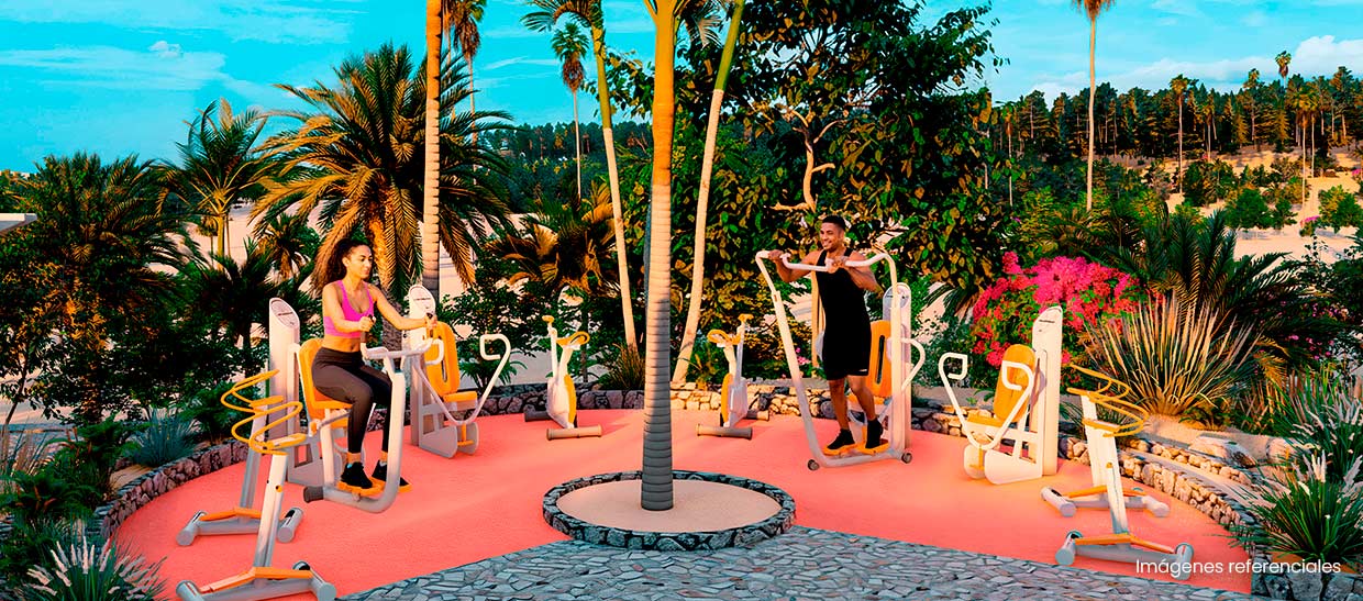 Gimnasio al aire libre:  máquinas funcionales rodeadas de naturaleza para entrenar, relajarte y activar tu energía.