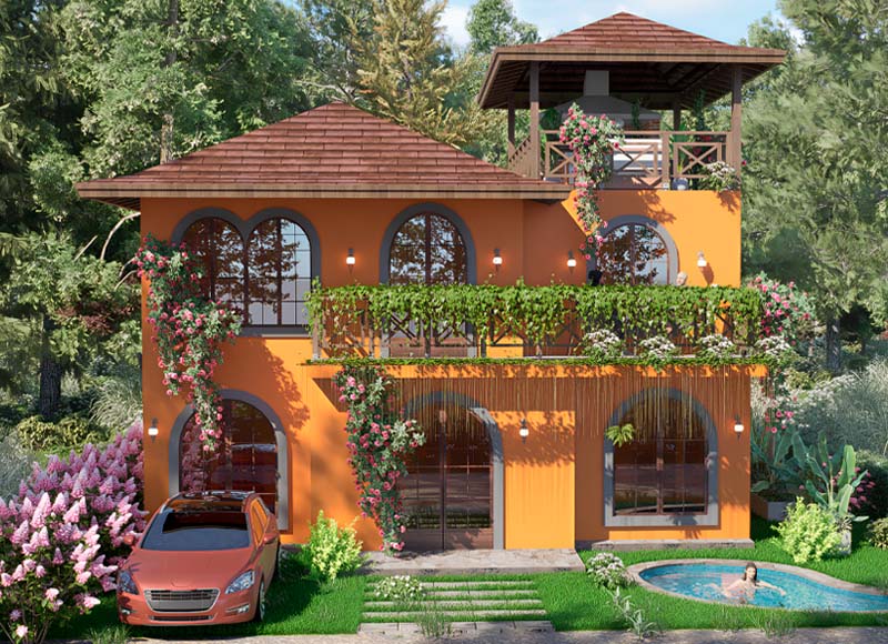 Modelo Kantu  - Diseño cálido con materiales naturales y vegetación viva que invita al descanso natural.