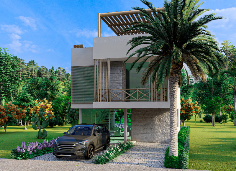 Casa mediterránea con luz natural, terraza, madera cálida y cochera en condominio de estilo europeo.