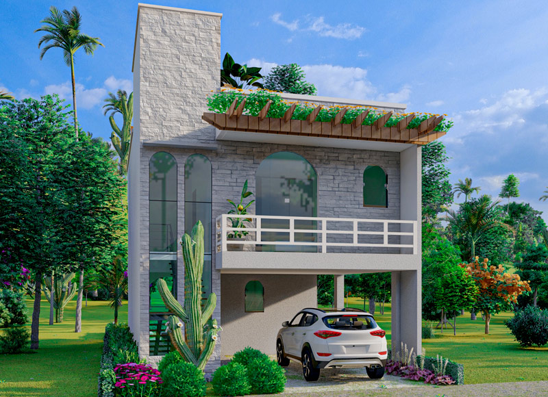 Casa mediterránea con cochera, mampara, balcón con pérgola y amplios ventanales con vista de estilo europeo.