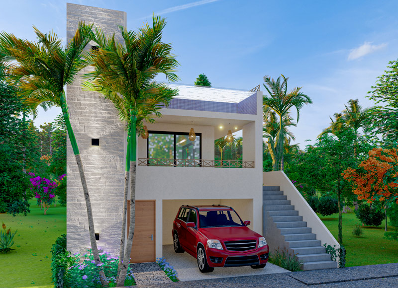 Casa mediterránea con piscina, escaleras y mampara con balcón techado en condominio de estilo europeo.