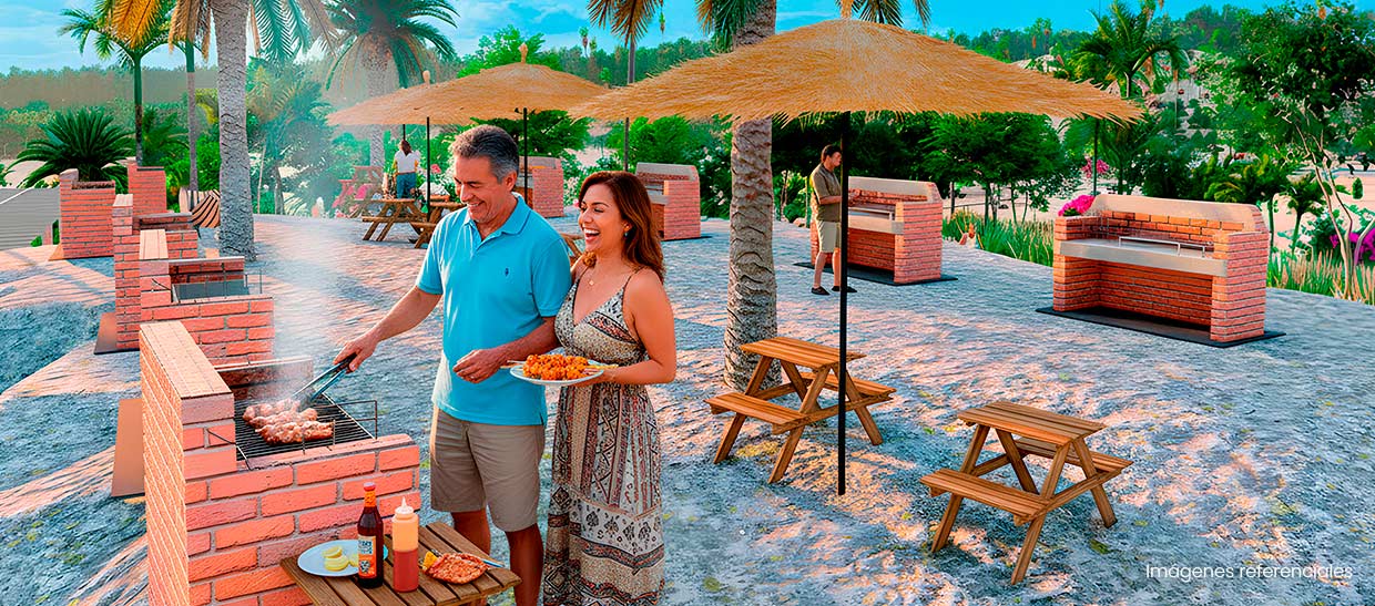 Zona de Parrillas: ambiente al aire libre inspirado en terrazas europeas, con mesas de madera, sombrillas y áreas para compartir.