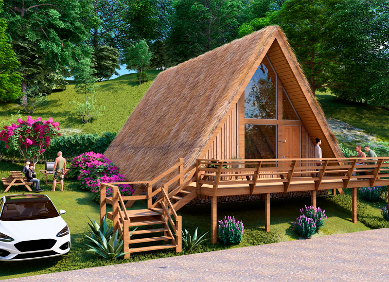 Modelo Solara: Casa triangular tipo A con pilotes rústicos, fresca, resistente y estilo natural inspirado en selva.