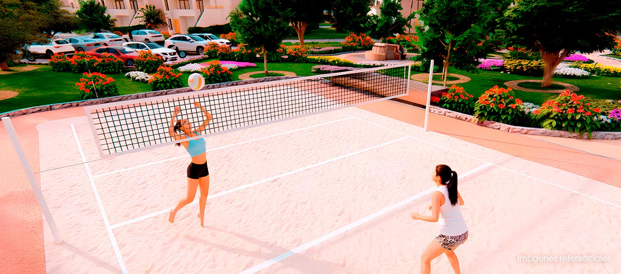 Cancha de vóley: Zona recreativa diseñada para compartir momentos deportivos al aire libre.