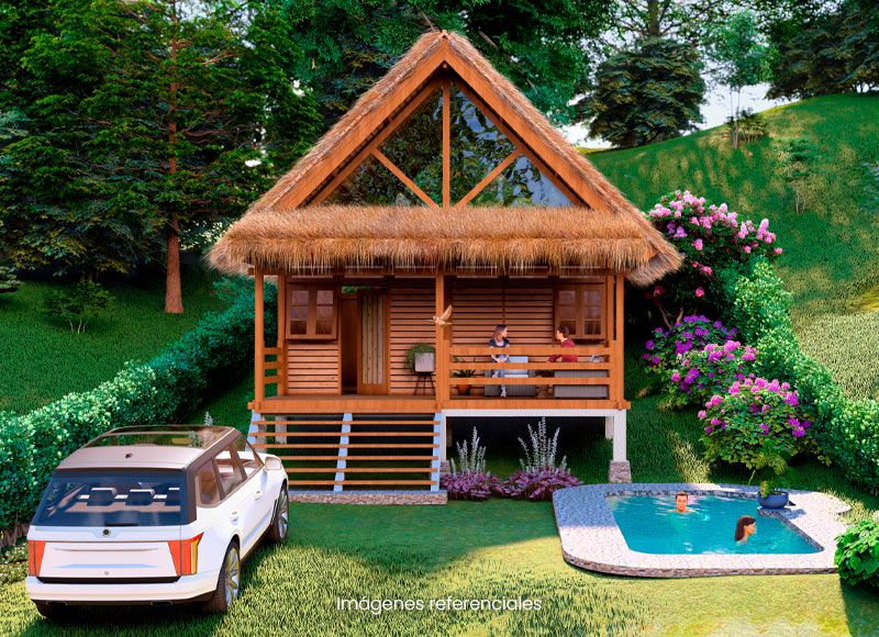 Modelo Altamira: Casa elevada con diseño rústico y acogedor, terraza frontal, vista natural y piscina para relajarse.