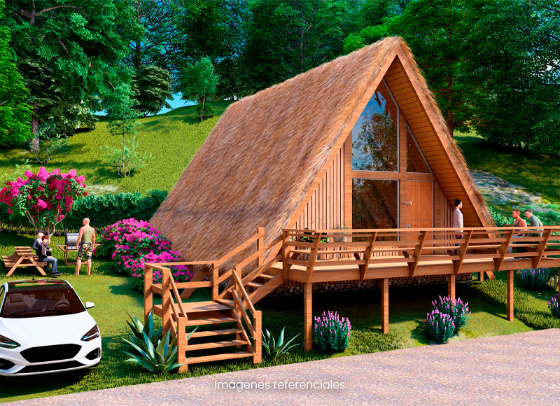 Modelo Solara: Casa triangular tipo A con pilotes rústicos, fresca, resistente y estilo natural inspirado en selva.